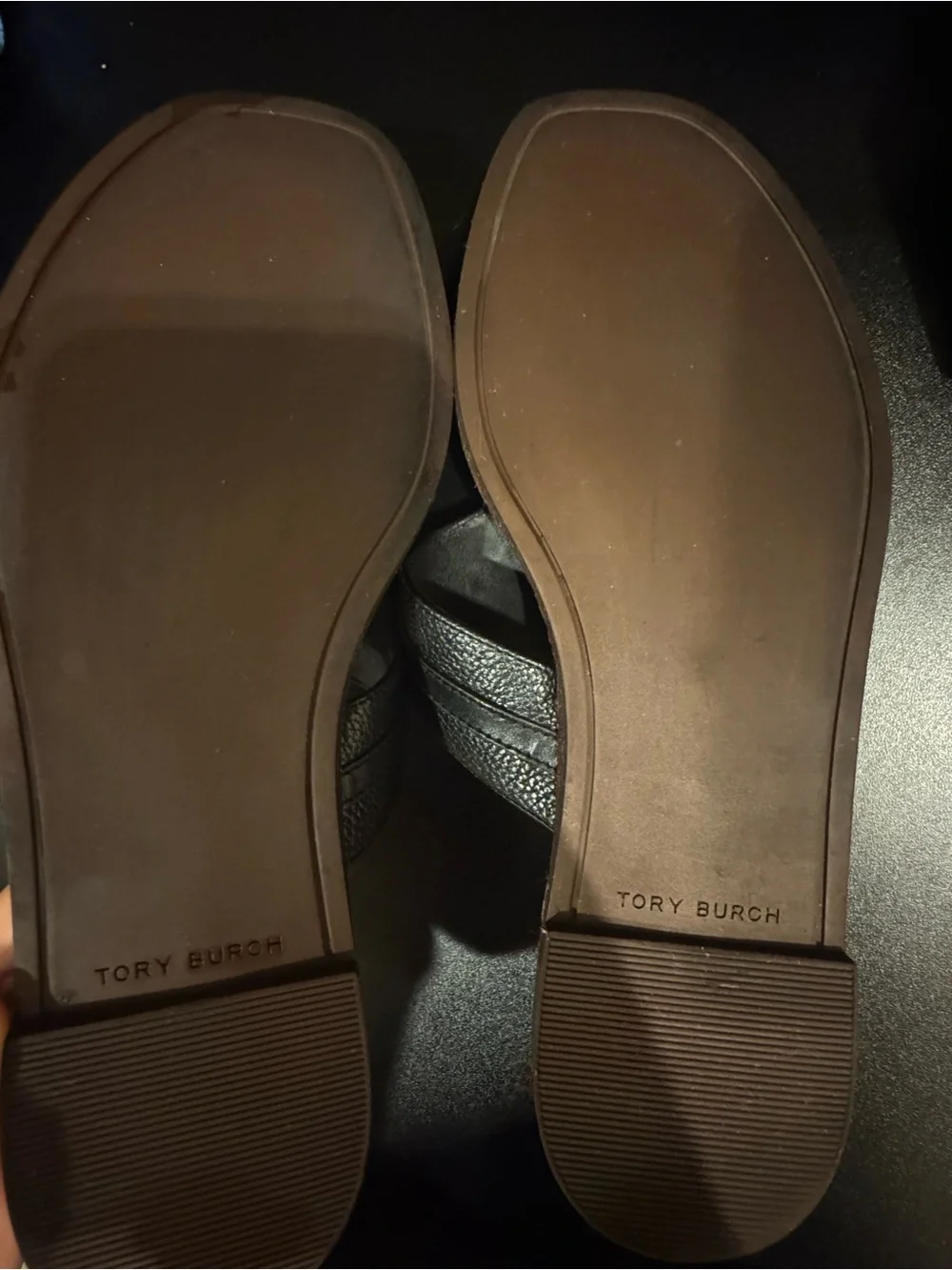 Tory Burch Carson Thong Welt Flat Sandals Leather Logo Black Size 8.5